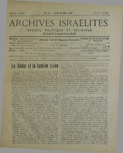 Archives israélites de France. Vol.79 N°13 (28 mars 1918)